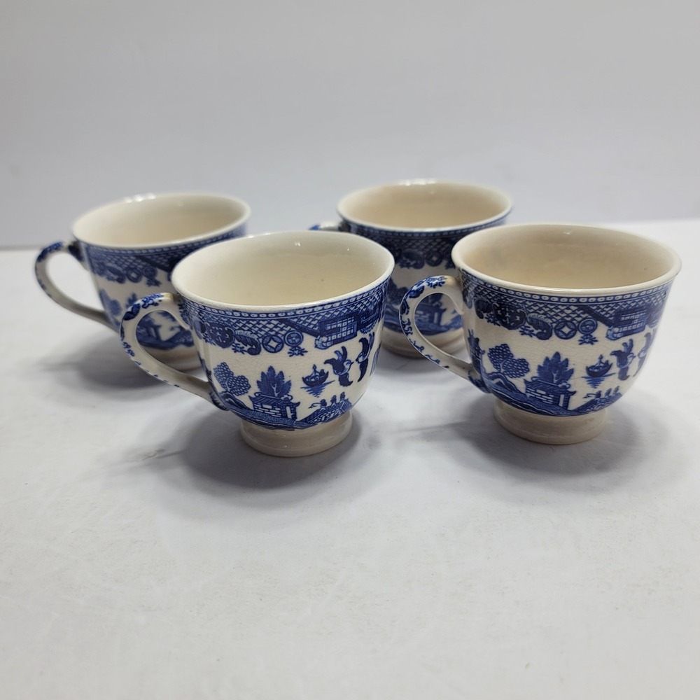 Vintage Blue Willow Tea Cups Set of 4 Blue White Transferware Japan Crazing